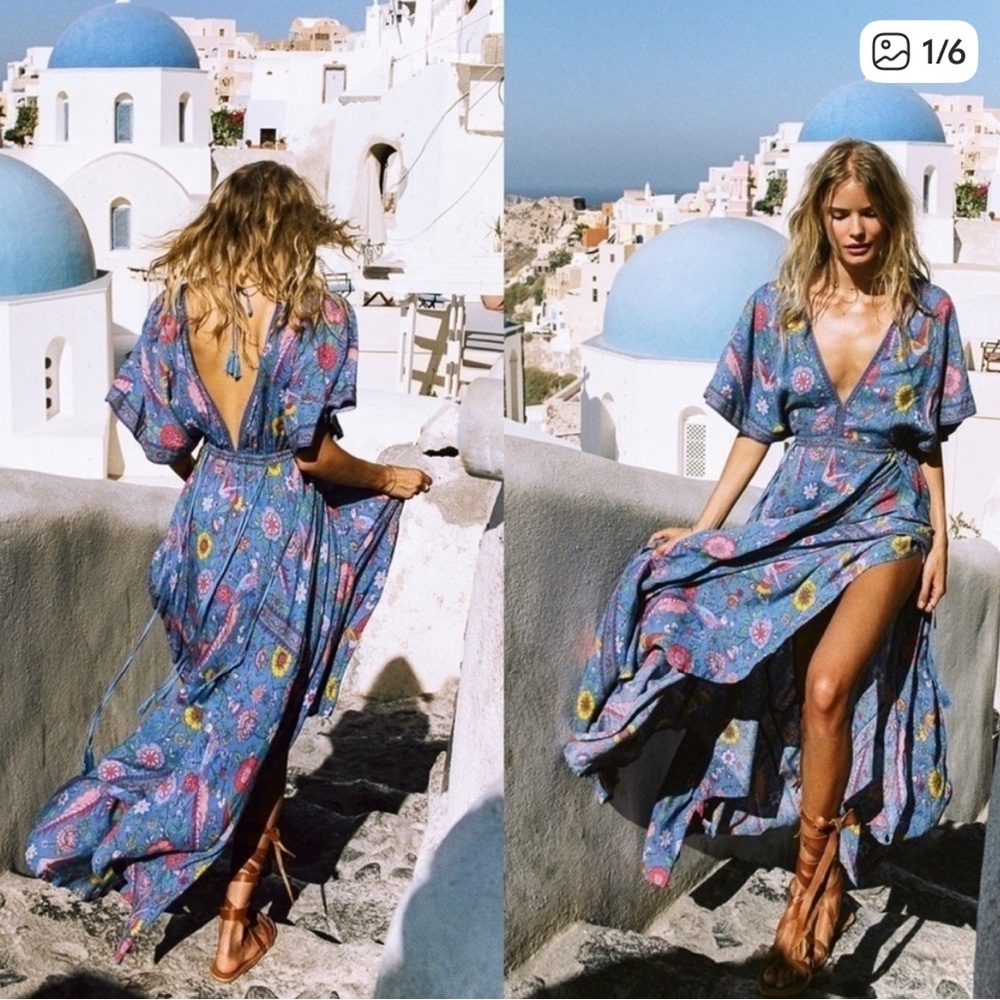 RARE NWT Spell designs Lovebird Half moon maxi dress in Blue